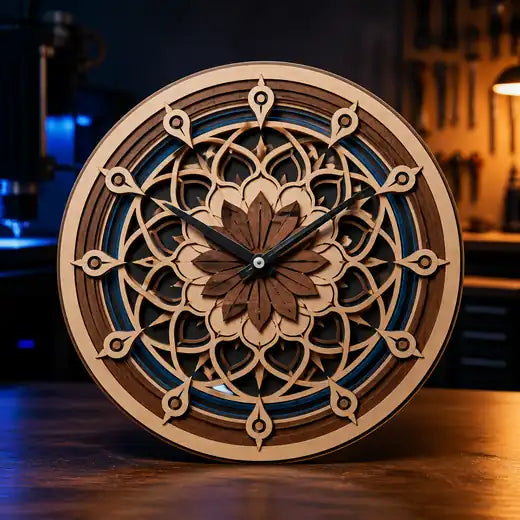 Diseño CNC de reloj mandala en madera
